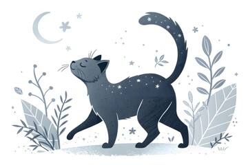 Obraz premium Gentle Nighttime Walk of a Cat with Stars and Moon in Background