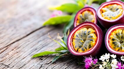Cut passion fruits with vibrant yellow and black seeds, surrounded by green leaves and small colorful flowers on a wooden surface. Concept Passion Fruit Cut Open, Vibrant Yellow and Black Seeds