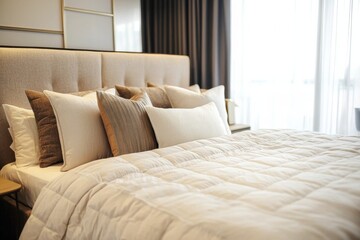 Fototapeta premium Beige Bedroom Bliss Cozy Pillows and Quilted Bedding, Interiors , Comfort