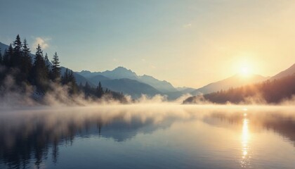 Fototapeta premium Tranquil Lake at Sunrise with Mist and Mountain Silhouette in the Background