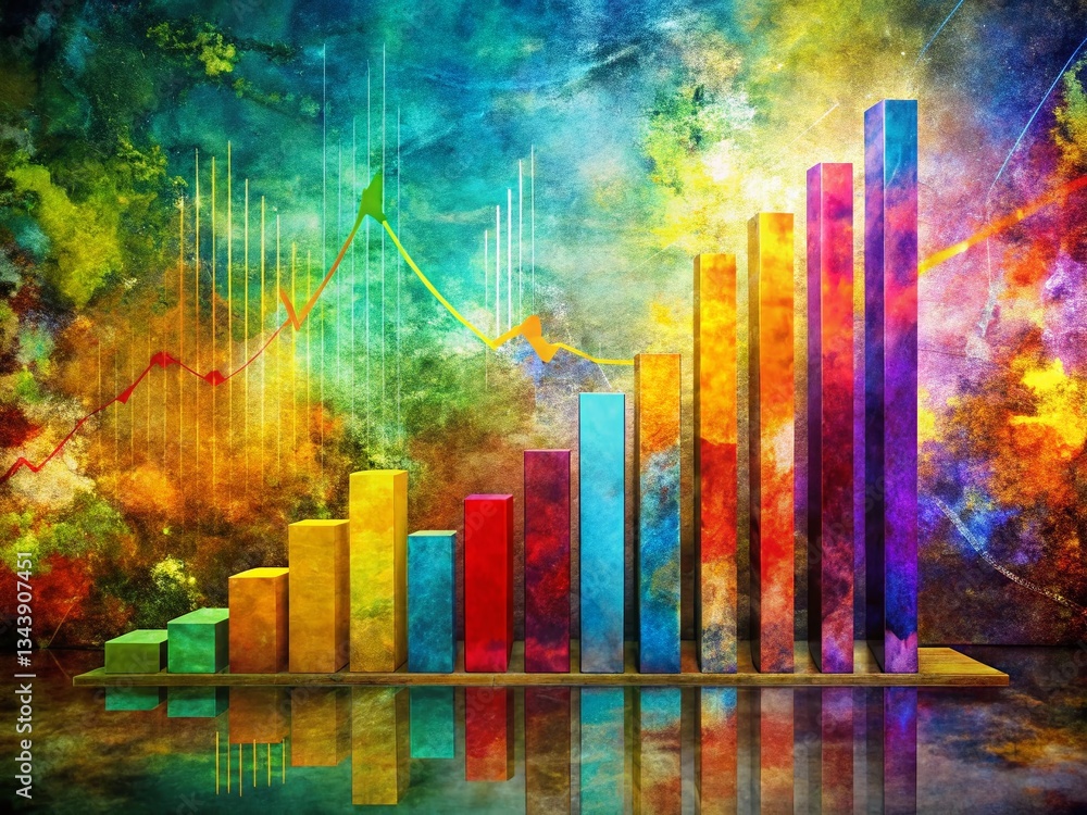 Poster double exposure: colorful bar chart data visualization abstract background