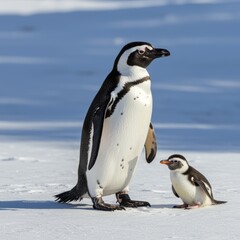 penguin and baby penguin on white snowy arctic background