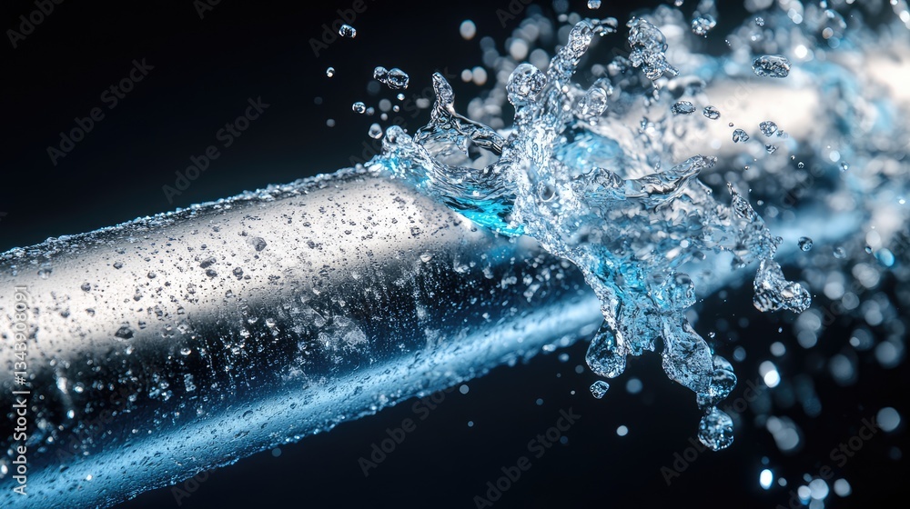 Poster close-up of a metallic pipe with water splashing, creating dynamic droplets against a dark backgroun