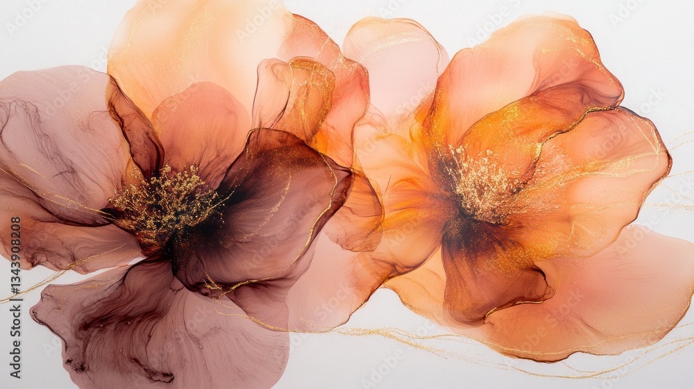 Aufkleber two mesmerizing abstract flowers in warm tones of amber and mauve blend effortlessly against a soft 
