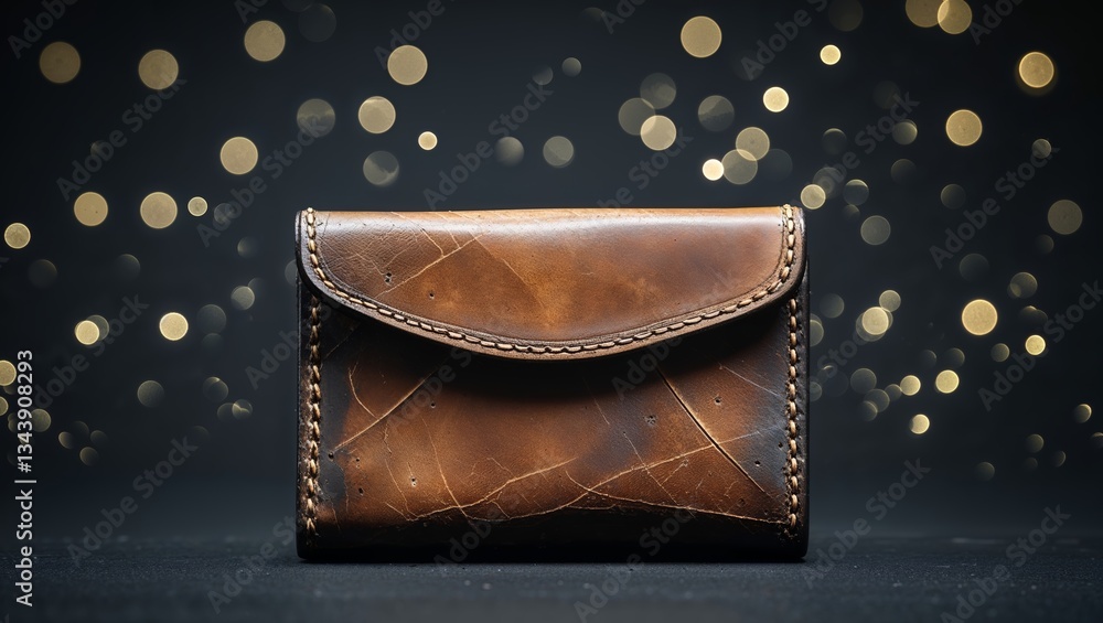Poster handcrafted brown leather wallet on a dark background with sparkling bokeh lights creating an elegan