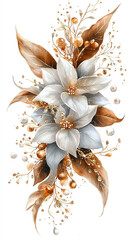   A white flower with brown leaves and berries on a white background is painted in watercolors