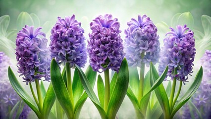 Double Exposure Hyacinth Flowers: Seven Spring Plants, Purple Blooms & Lush Leaves