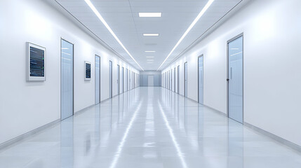 Obraz premium Modern, minimalist office corridor with frosted glass doors, sleek lighting, and digital displays. Perfect for corporate, technology, or healthcare settings.