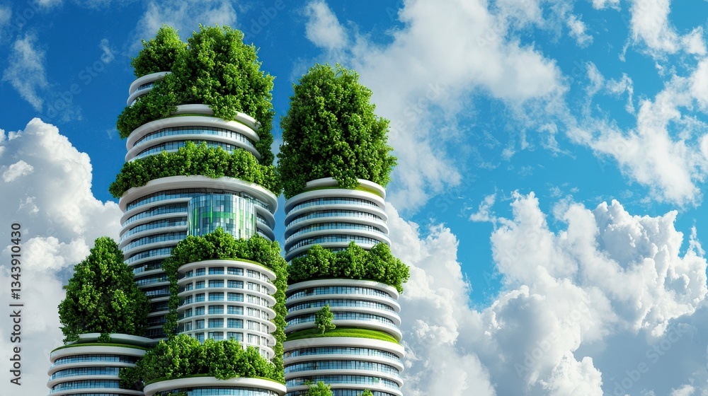 Poster eco-friendly skyscrapers: towering, sustainable architecture blends seamlessly with the environment,