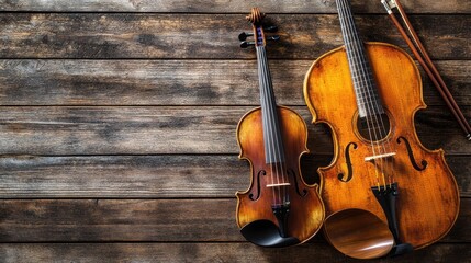 Fototapeta premium Rustic Harmony: Violins and Bow Resting on Aged Wooden Planks Background