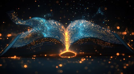 Open book illuminating knowledge with digital particles and data flow