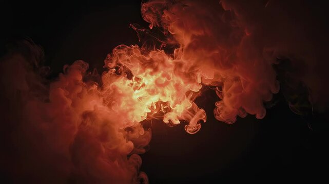 Fiery red smoke billows in dramatic motion, resembling an explosion or intense combustion effect. The deep contrast enhances the dynamic and powerful visual impact