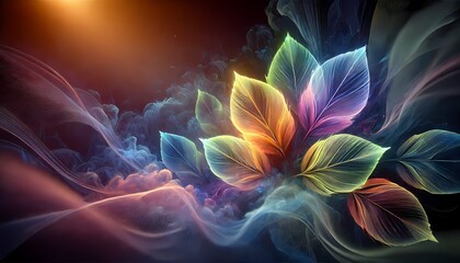 Glowing abstract leaf-like shapes layered over a dark, misty background, creating a serene and futuristic wallpaper