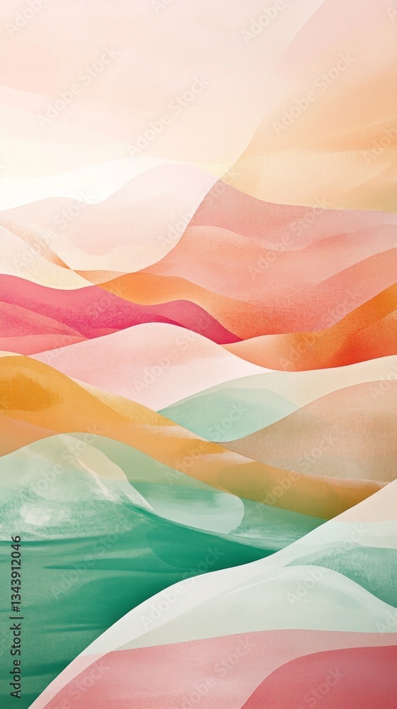 Aufkleber Soft waves of color flow harmoniously across the canvas, creating an ethereal landscape. Shades of pink, orange, and green evoke a tranquil atmosphere, inspiring peace and wonder