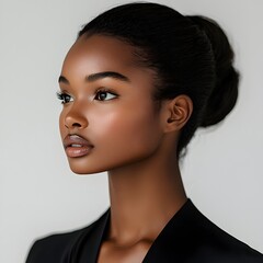Naklejka premium A stunning young Black woman with flawless skin and dark hair styled in a chic bun looks thoughtfully off camera.