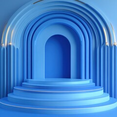 Fototapeta premium Abstract Blue Archway Stage with Circular Steps and Golden Accents for Product Display or Presentation