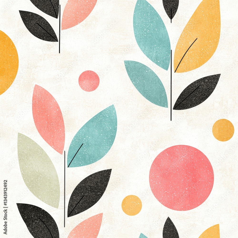Poster harmonious botanical abstraction: a seamless pattern showcases stylized leaves and circles, blending