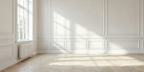Obraz premium Sunlit Empty Room with White Walls and Decorative Wall Moldings
