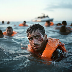 le migrants dans l'eau dans la mer - IA Generative