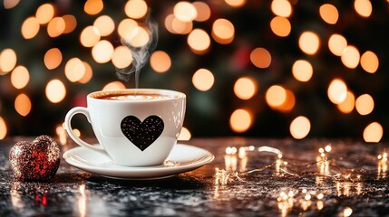   Cup of coffee atop saucer, hot chocolate in heart-shaped mug beside