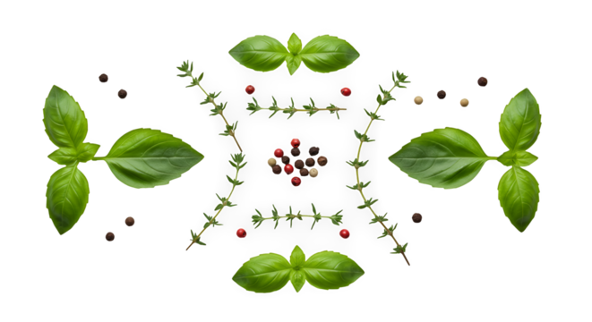 Symmetrical Arrangement of Basil Thyme and Peppercorns on Black Background