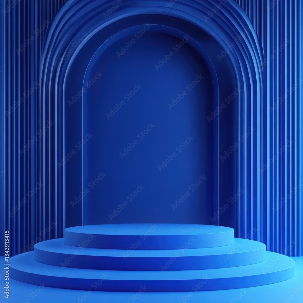 Poster abstract blue stage with archways and three circular platforms for product display or presentation