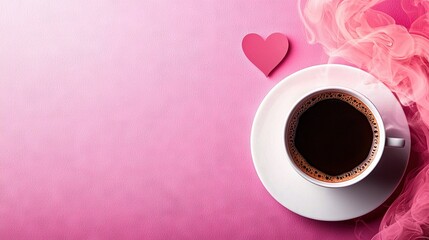   A cup of coffee atop a saucer with a heart-shaped cloud of smoke amidst a pastel pink backdrop