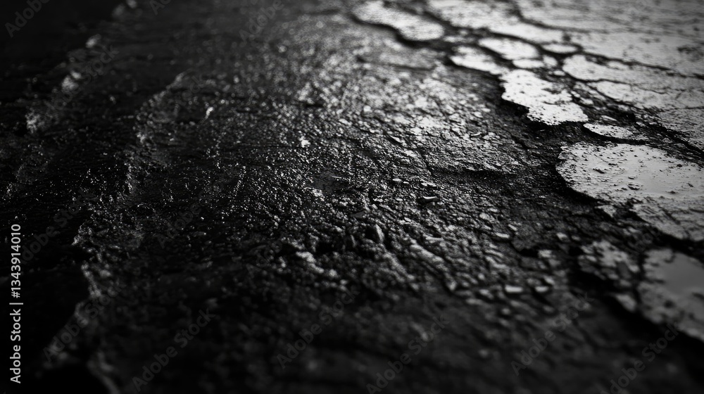 Poster abstract close-up of textured black surface with water droplets, showcasing intricate patterns and r