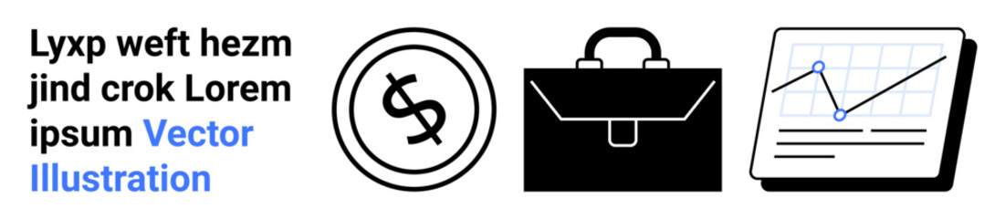 Dollar sign in a circle, a professional briefcase, and a line graph chart with growth analysis. Ideal for finance, business, investment, strategy, planning economy entrepreneurship. Clean abstract