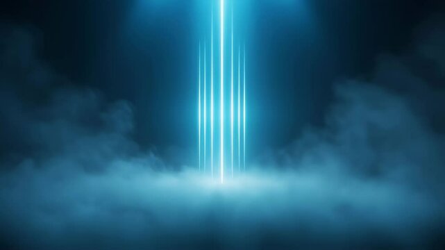 A futuristic portal of glowing blue light beams emerges from the misty ground, creating a sci-fi-inspired atmosphere. The vertical energy beams enhance the surreal ambiance