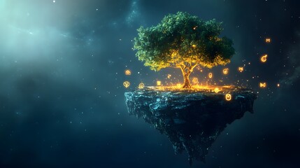 Obraz premium Enchanted Tree with Glowing Symbols Floating in a Cosmic Sky