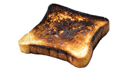 Burnt toast slice on transparent background, representing breakfast failure, cooking mistake, and unhealthy eating habits Concept of kitchen accident and food waste