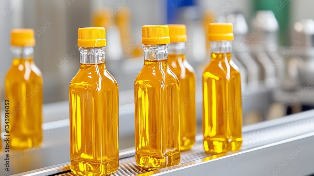 Poster golden bottles on conveyor: an automated production line displays several glass bottles filled with 