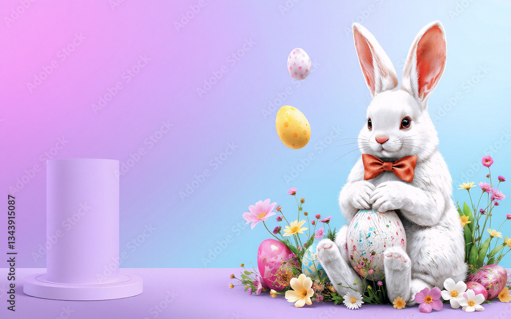 Poster a fluffy white bunny with a red bow tie sits amidst colorful easter eggs and spring flowers against 