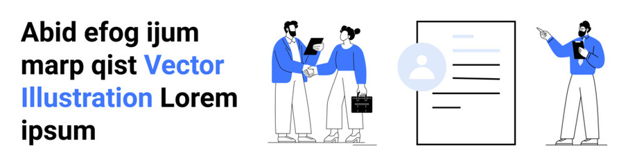 Two professionals shake hands, discuss work with briefcases and reports, profile card visible alongside a presenter pointing at documents. Ideal for teamwork, collaboration, presentations