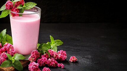  A glass of milk beside pink flowers on a black surface with green leaves on the edge