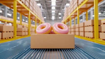 Sweet Delivery: A vibrant shot of pink iced donuts riding on a conveyor belt. The donuts are positioned on a cardboard box within the warehouse setting.