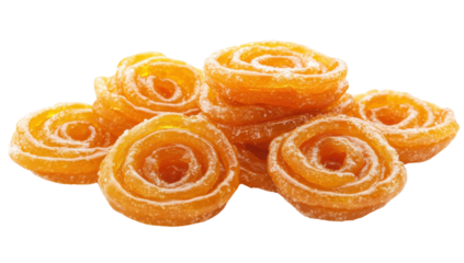 Delicious Imarti Indian Sweet Dessert stacked on a transparent background, a popular festive treat with a unique spiral shape and vibrant orange color