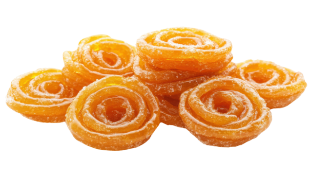 Delicious Imarti Indian Sweet Dessert stacked on a transparent background, a popular festive treat with a unique spiral shape and vibrant orange color