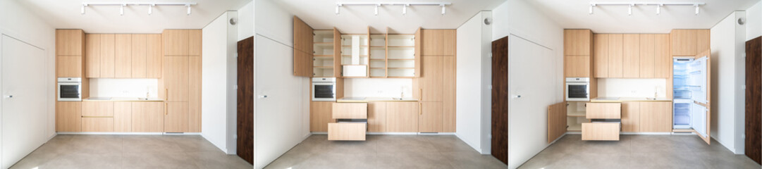 Modern wooden kitchen design in stylish apartment with minimalist features