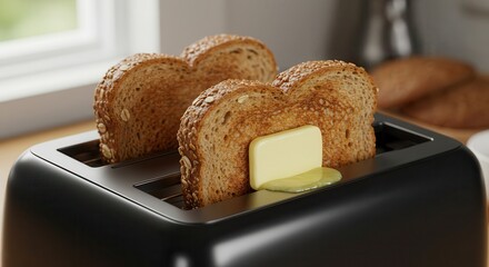 Toasted Bread with Melting Butter in Toaster for Breakfast