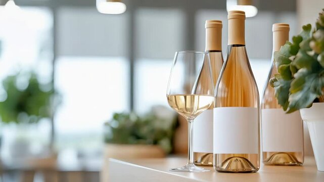 Elegant white wine bottles and glass on a counter with blurred background and blank labels