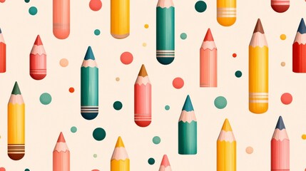 Colorful Pencils Pattern: A playful and vibrant pattern of multicolored pencils and polka dots creating a cheerful backdrop, perfect for stationery and creative projects.
