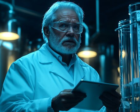 An elderly scientist in a lab coat holds a tablet