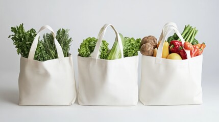 Eco-Friendly Shopping: Three Tote Bags Filled with Fresh, Organic Produce
