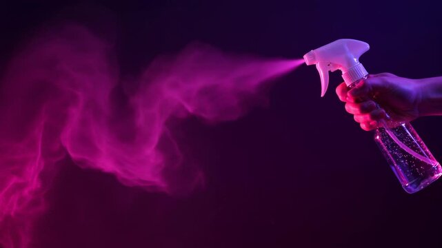 Hand spraying cleaning solution with purple mist on dark background. lighting highlights spray particles and vapor. Disinfection, sanitization, household cleaning. virus prevention, hygiene