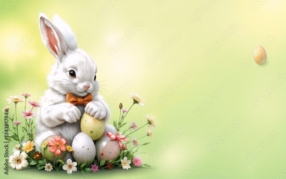 Aufkleber a fluffy white rabbit with a bow tie sits among colorful easter eggs and spring flowers on a soft gr