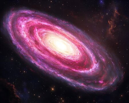 A beautiful pink and purple spiral galaxy shines in space