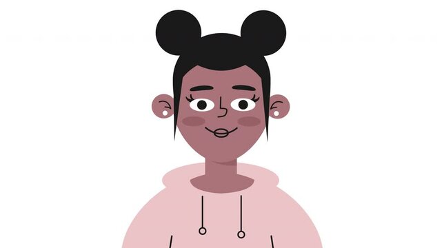 Looped animation of a girl gently nodding her head and moving her lips as if speaking. Simple flat vector style, perfect for communication, explainer videos, and user interface elements. Alpha channel
