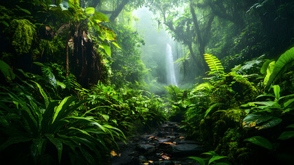 Fototapeta premium Dense Jungle with Exotic Plants and a Gentle Stream